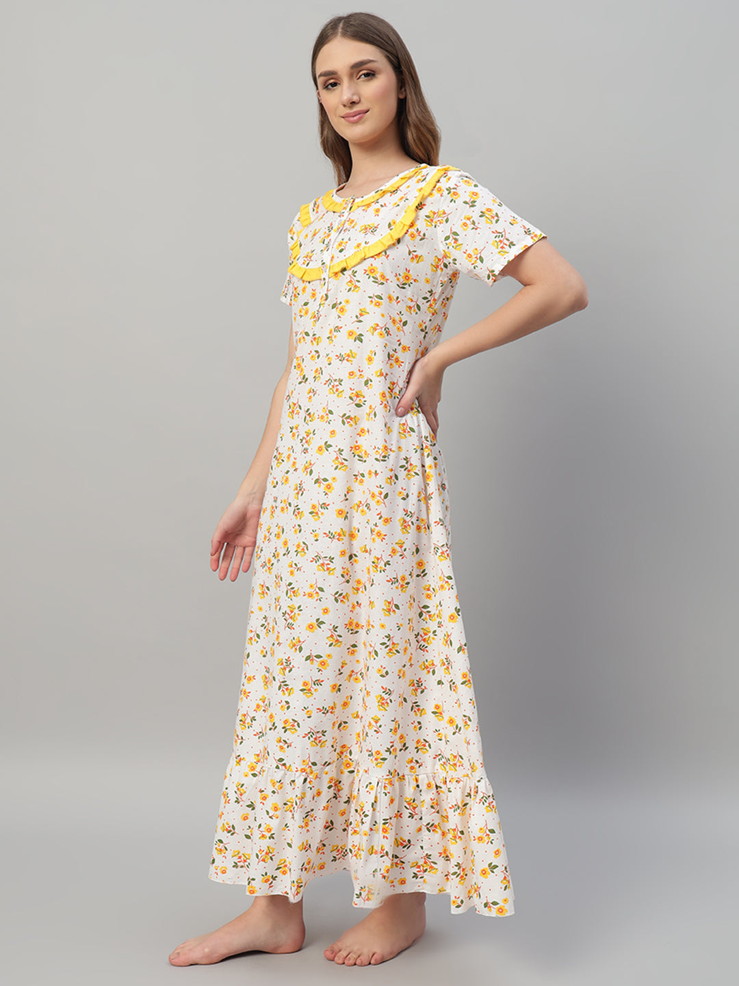 Yellow Floral Printed Cotton Night Gown with Frill Neck – Soft & Comfortable Maxi Nightwear for Women
