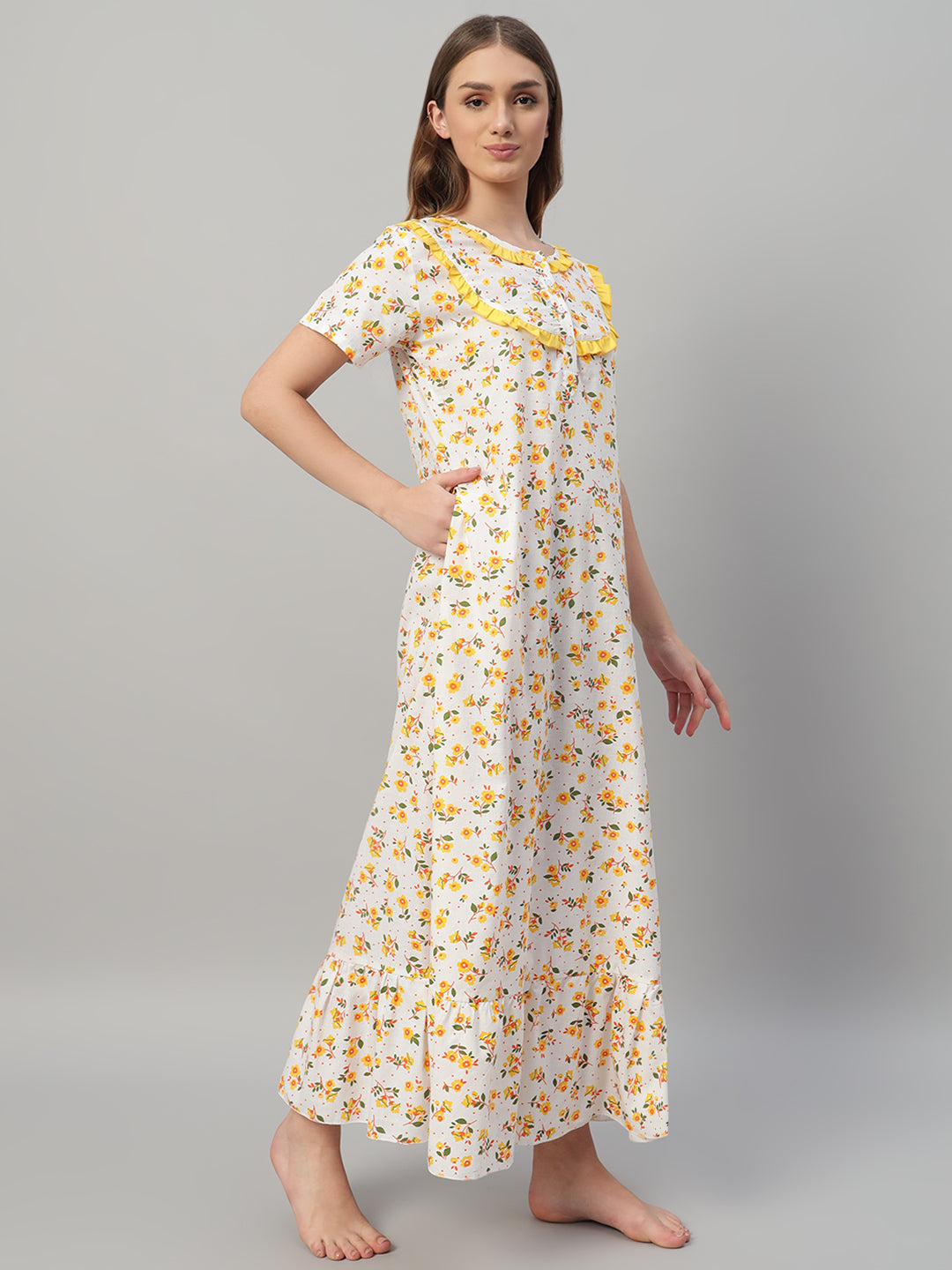 Yellow Floral Printed Cotton Night Gown with Frill Neck – Soft & Comfortable Maxi Nightwear for Women
