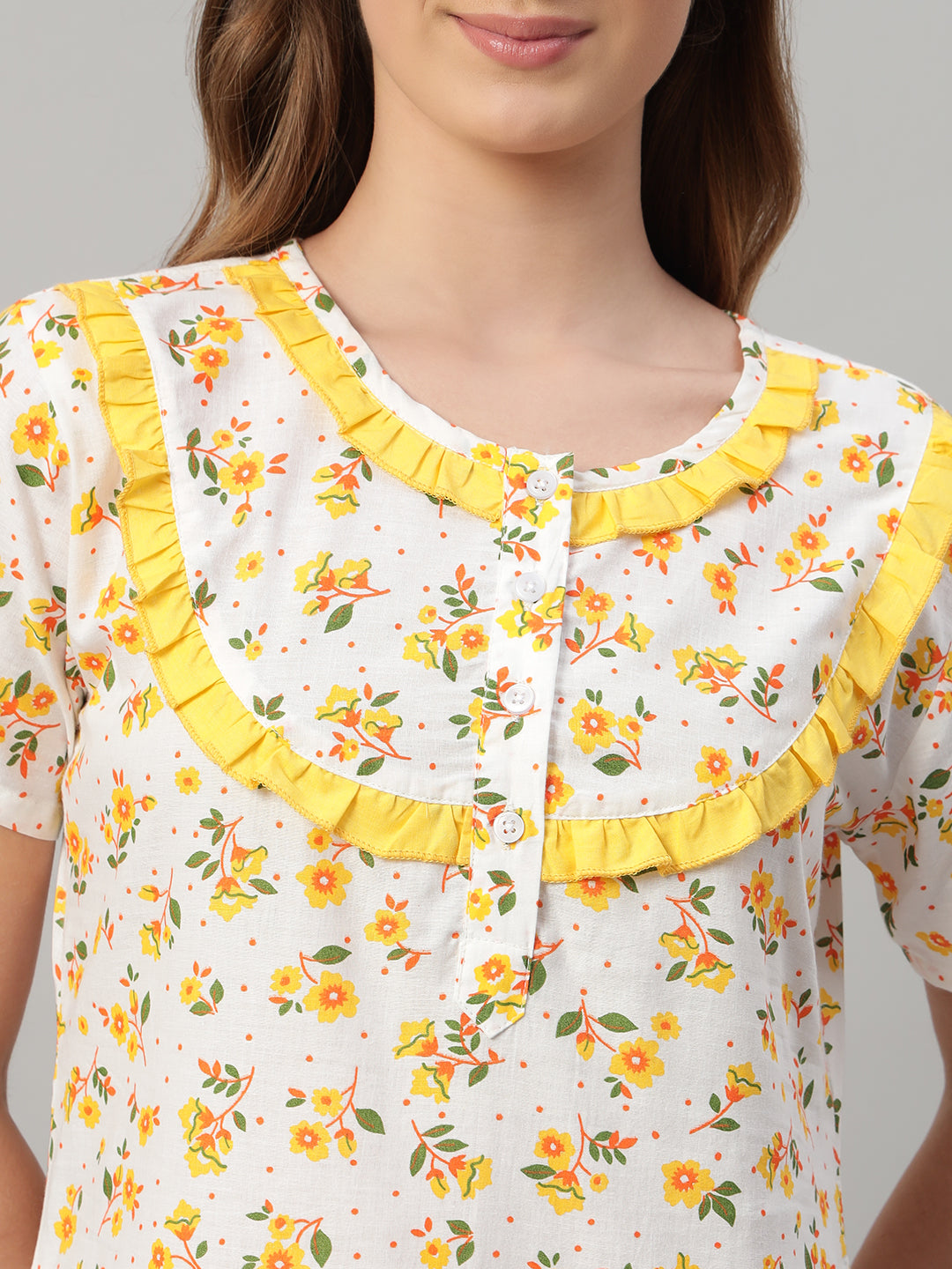 Yellow Floral Printed Cotton Night Gown with Frill Neck – Soft & Comfortable Maxi Nightwear for Women