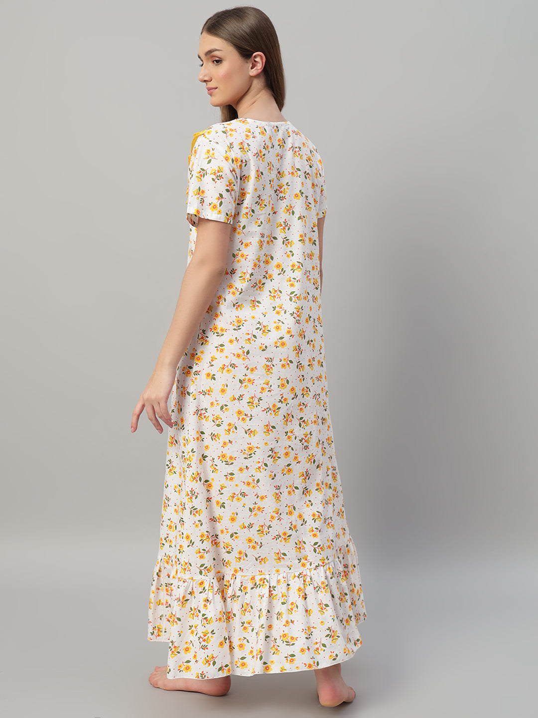 Yellow Floral Printed Cotton Night Gown with Frill Neck – Soft & Comfortable Maxi Nightwear for Women