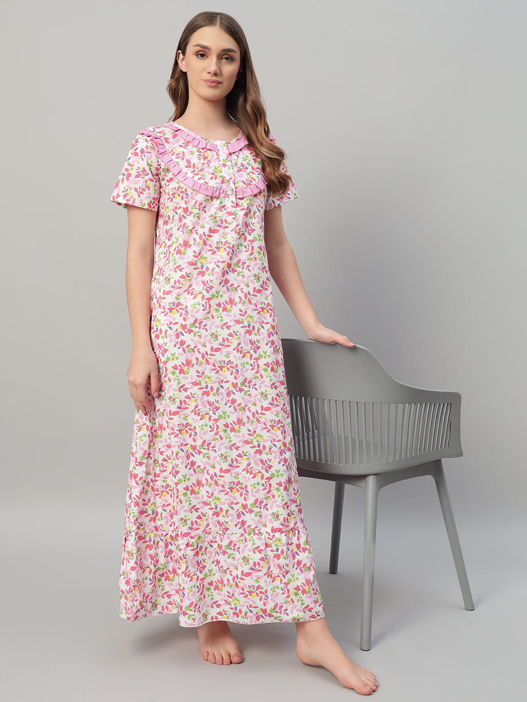 🌸 Pink Floral Printed Cotton Night Gown with Frill Neck – Comfortable Maxi Nightwear for Women