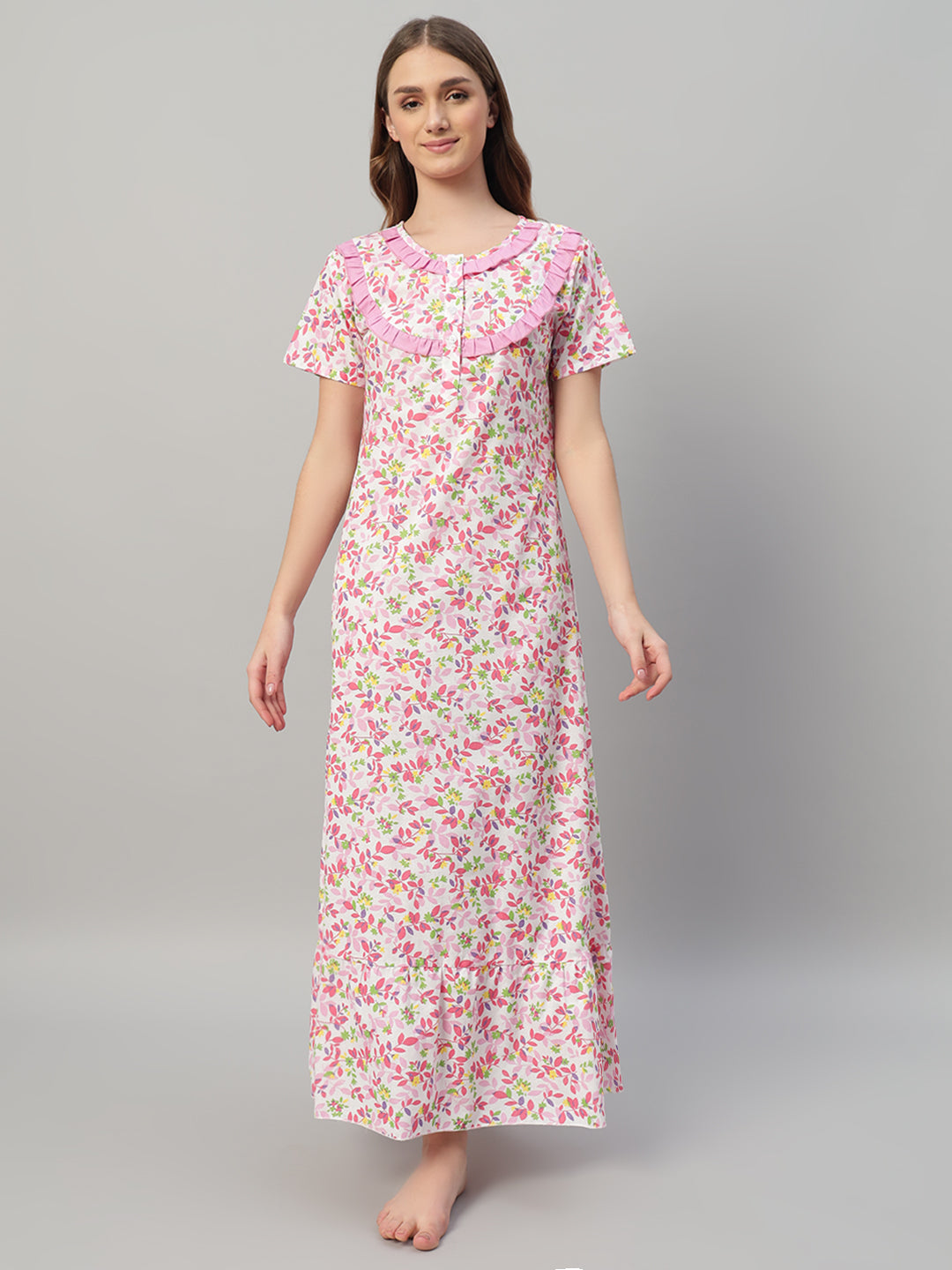 🌸 Pink Floral Printed Cotton Night Gown with Frill Neck – Comfortable Maxi Nightwear for Women