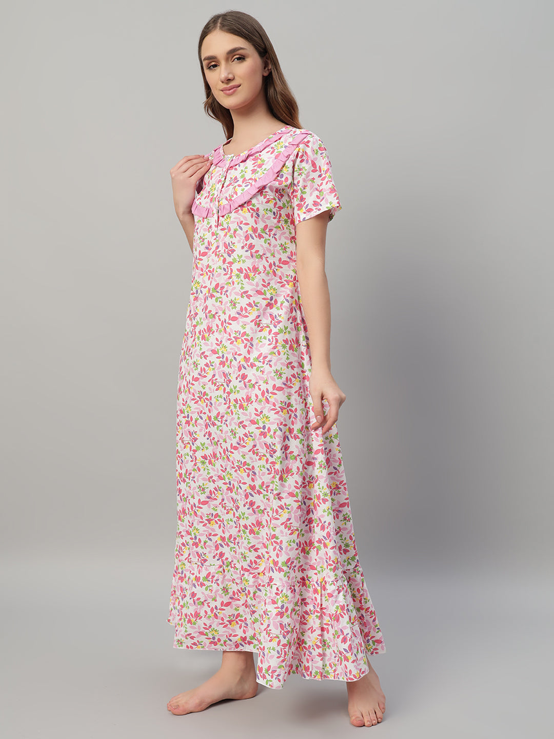 🌸 Pink Floral Printed Cotton Night Gown with Frill Neck – Comfortable Maxi Nightwear for Women