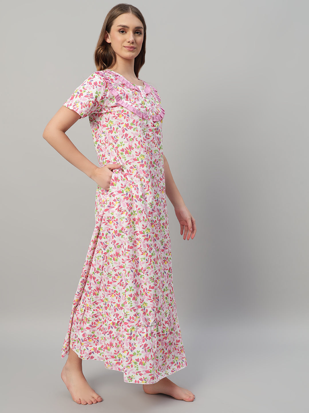 🌸 Pink Floral Printed Cotton Night Gown with Frill Neck – Comfortable Maxi Nightwear for Women