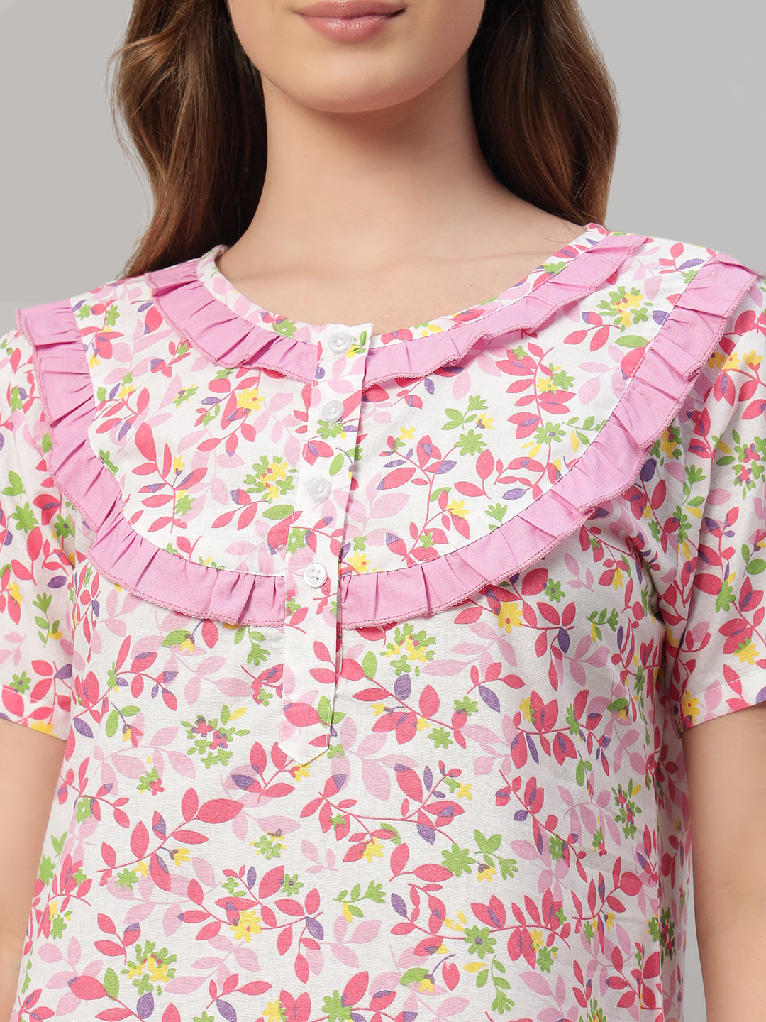 🌸 Pink Floral Printed Cotton Night Gown with Frill Neck – Comfortable Maxi Nightwear for Women