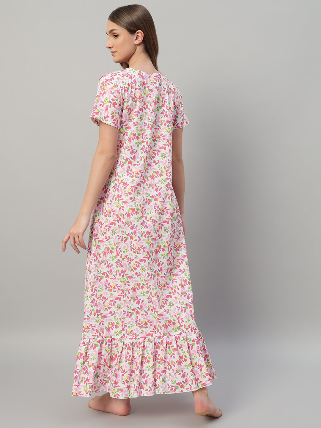 🌸 Pink Floral Printed Cotton Night Gown with Frill Neck – Comfortable Maxi Nightwear for Women