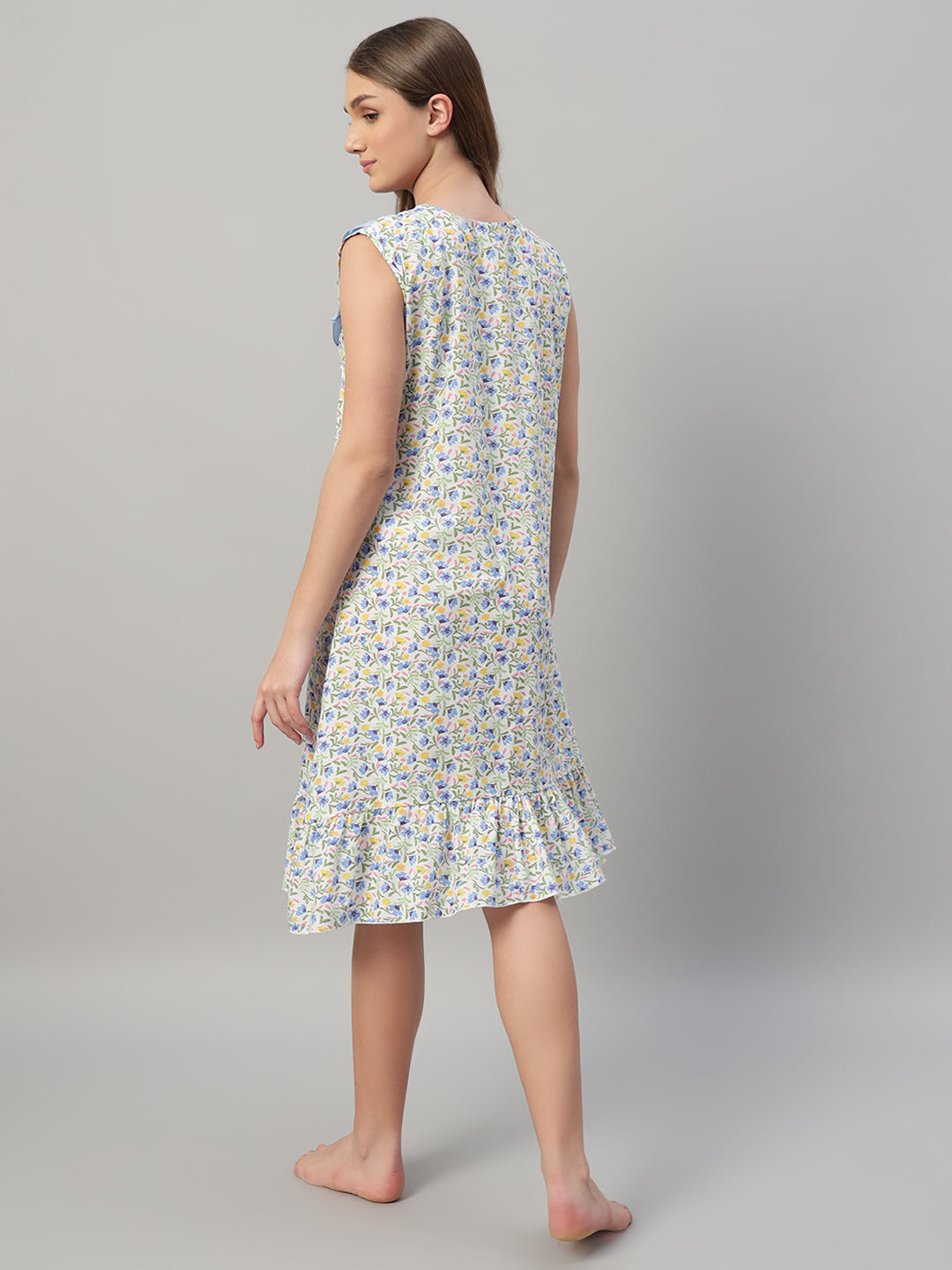 🌸 Floral Printed Cotton Sleeveless Night Gown for Women – Comfortable Knee Length Nightwear