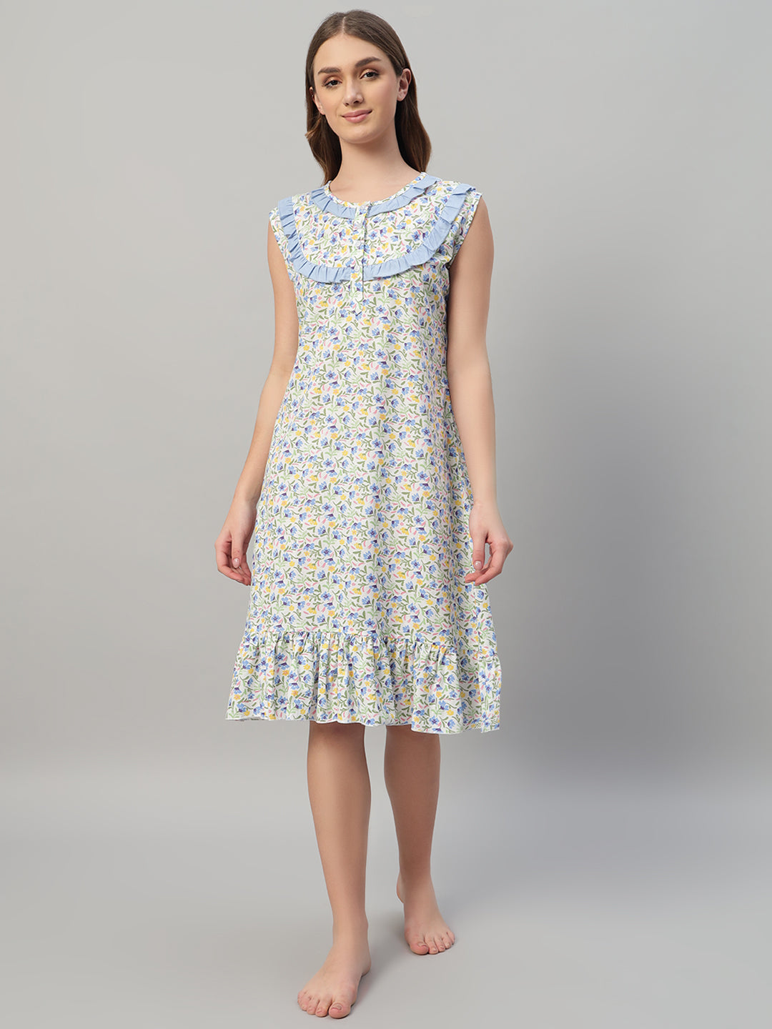 🌸 Floral Printed Cotton Sleeveless Night Gown for Women – Comfortable Knee Length Nightwear