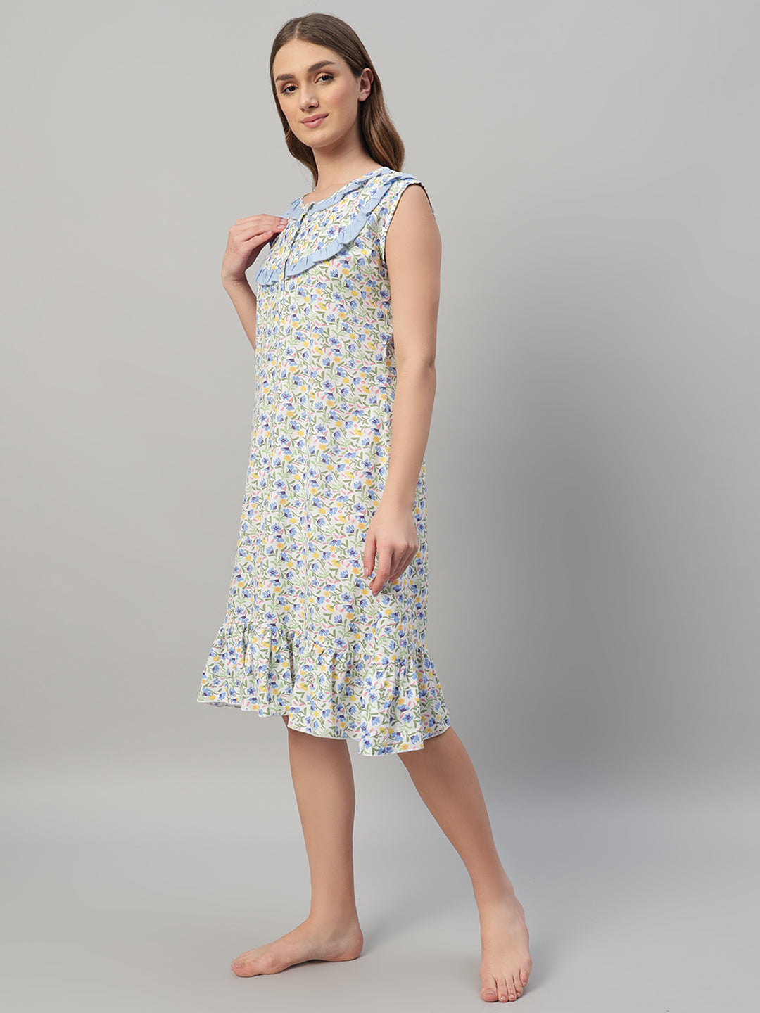 🌸 Floral Printed Cotton Sleeveless Night Gown for Women – Comfortable Knee Length Nightwear