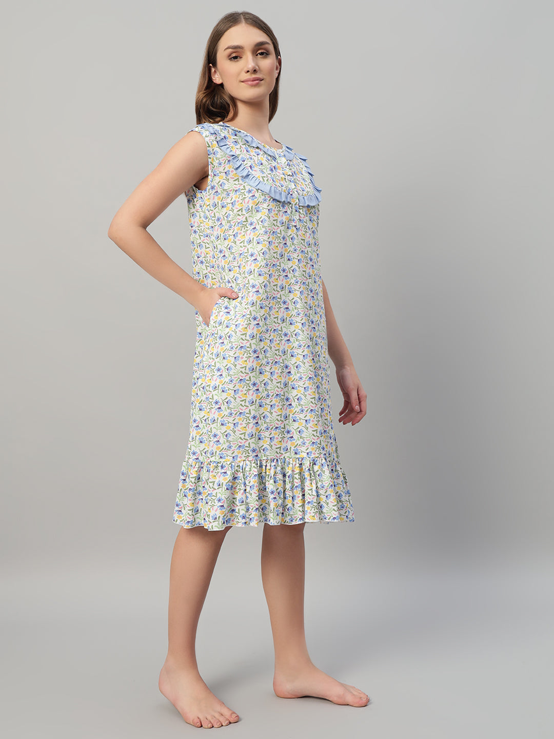 🌸 Floral Printed Cotton Sleeveless Night Gown for Women – Comfortable Knee Length Nightwear