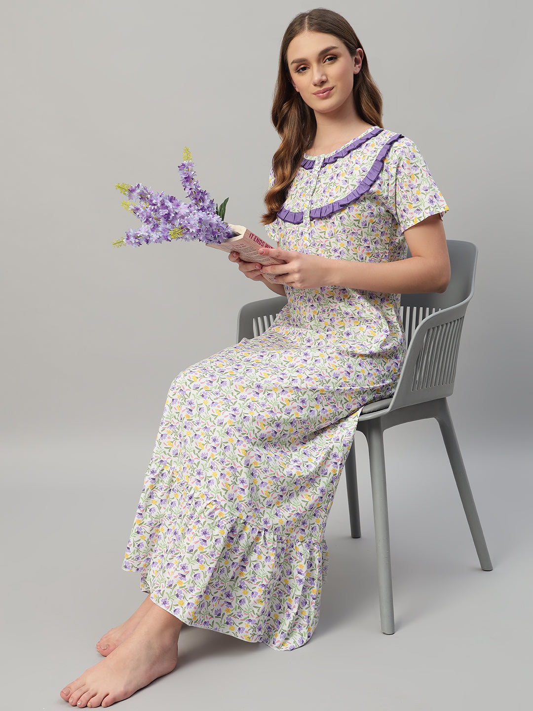 💜 Lavender Floral Printed Cotton Night Gown with Frill Neck – Comfortable Maxi Nightwear for Women