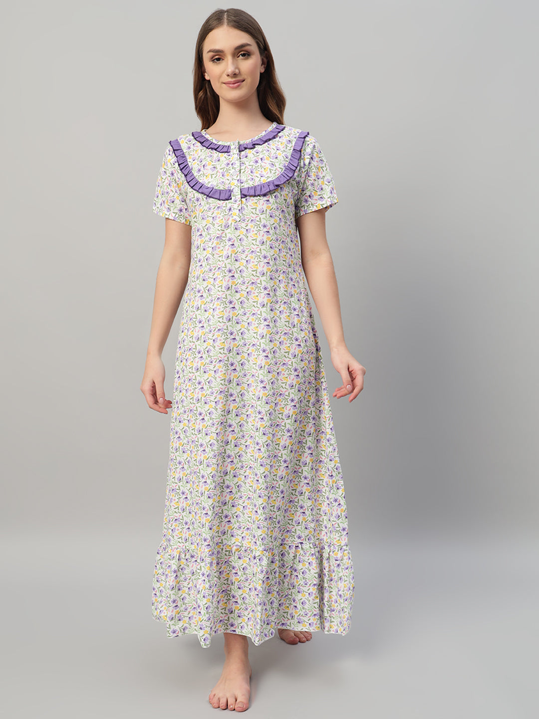 💜 Multicolor Floral Printed Cotton Night Gown with Contrast Frill Neck – Elegant Maxi Nightwear for Women
