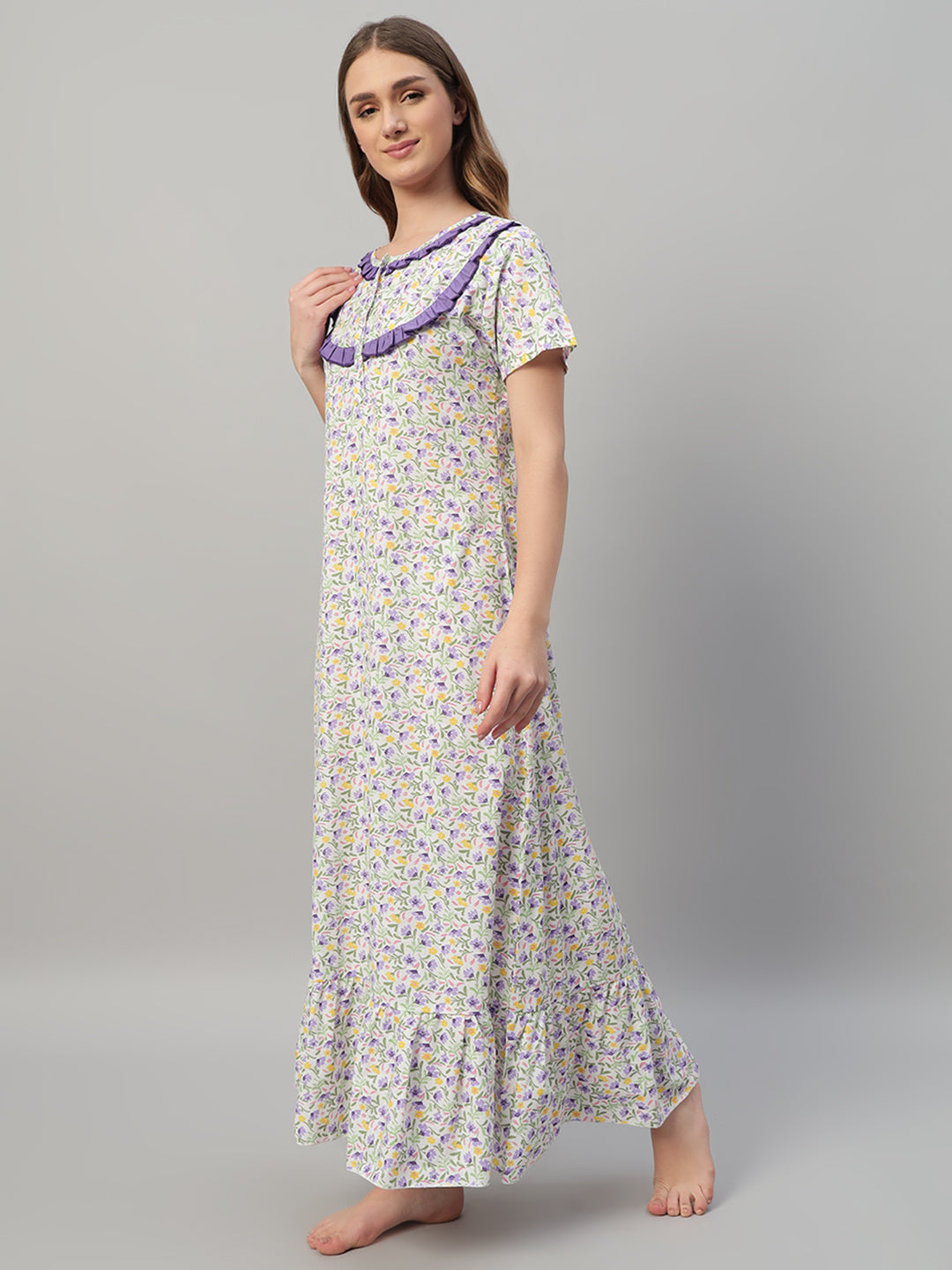 💜 Multicolor Floral Printed Cotton Night Gown with Contrast Frill Neck – Elegant Maxi Nightwear for Women