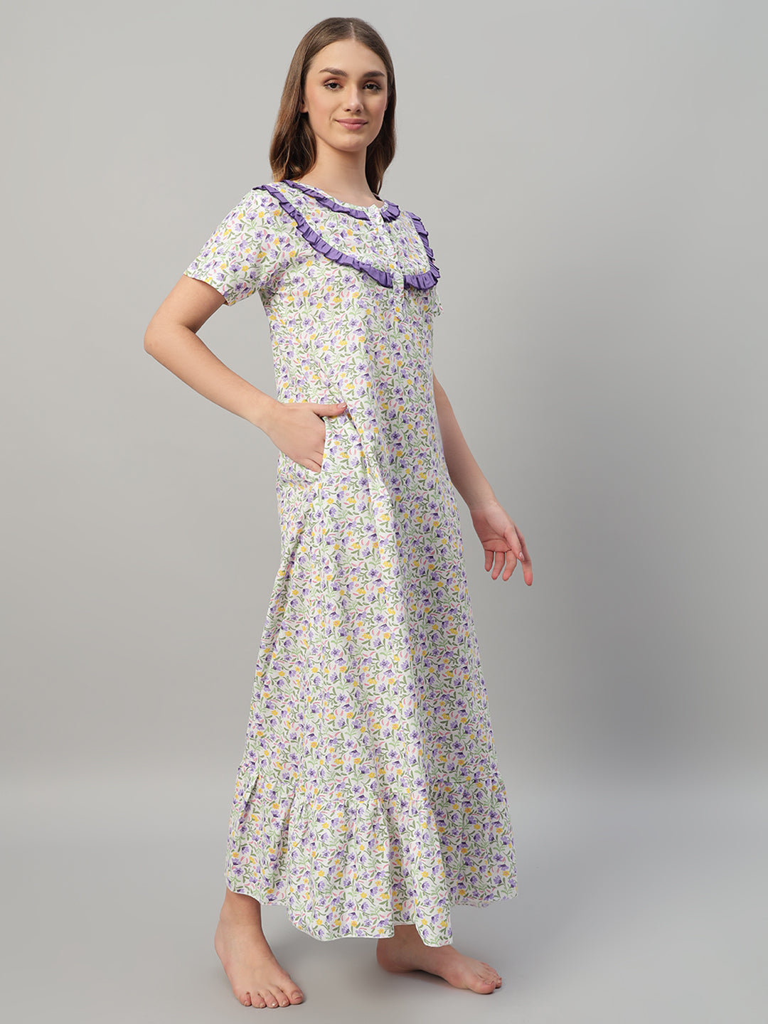 💜 Multicolor Floral Printed Cotton Night Gown with Contrast Frill Neck – Elegant Maxi Nightwear for Women