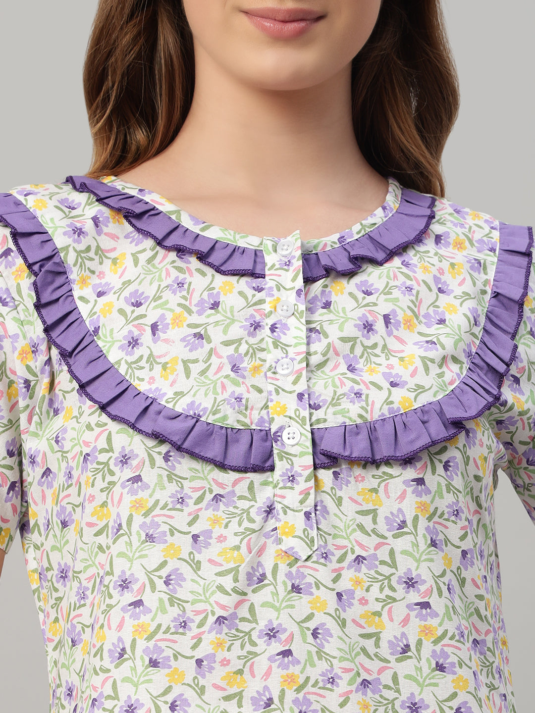 💜 Multicolor Floral Printed Cotton Night Gown with Contrast Frill Neck – Elegant Maxi Nightwear for Women