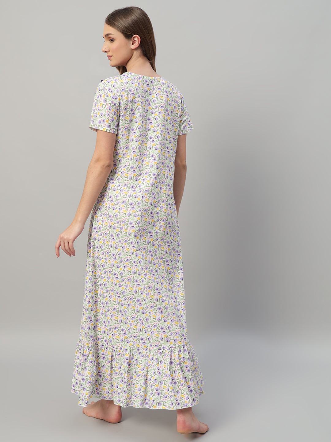 💜 Multicolor Floral Printed Cotton Night Gown with Contrast Frill Neck – Elegant Maxi Nightwear for Women