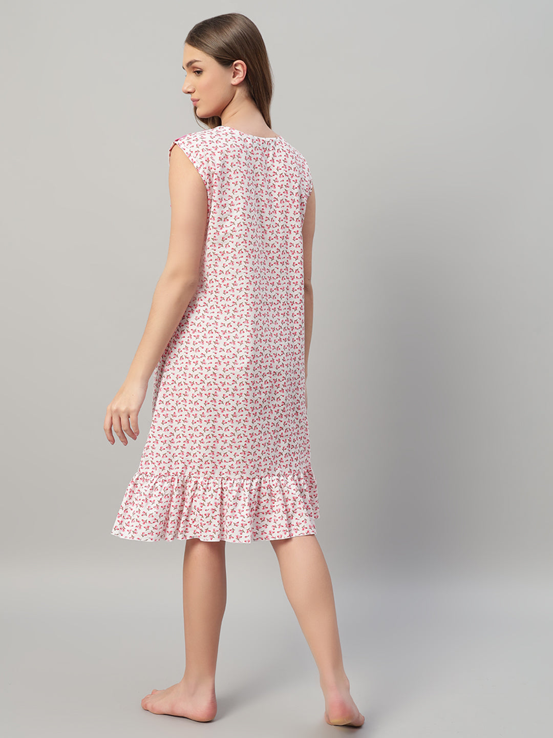 🌸 Pink Floral Printed Sleeveless Cotton Night Gown for Women – Comfortable Knee Length Nightwear