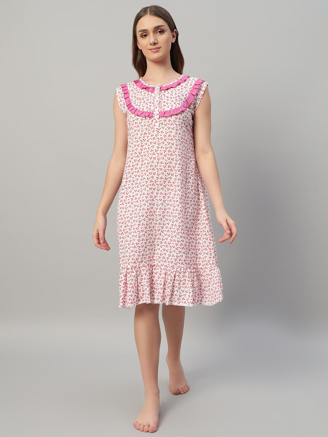 🌸 Pink Floral Printed Sleeveless Cotton Night Gown for Women – Comfortable Knee Length Nightwear