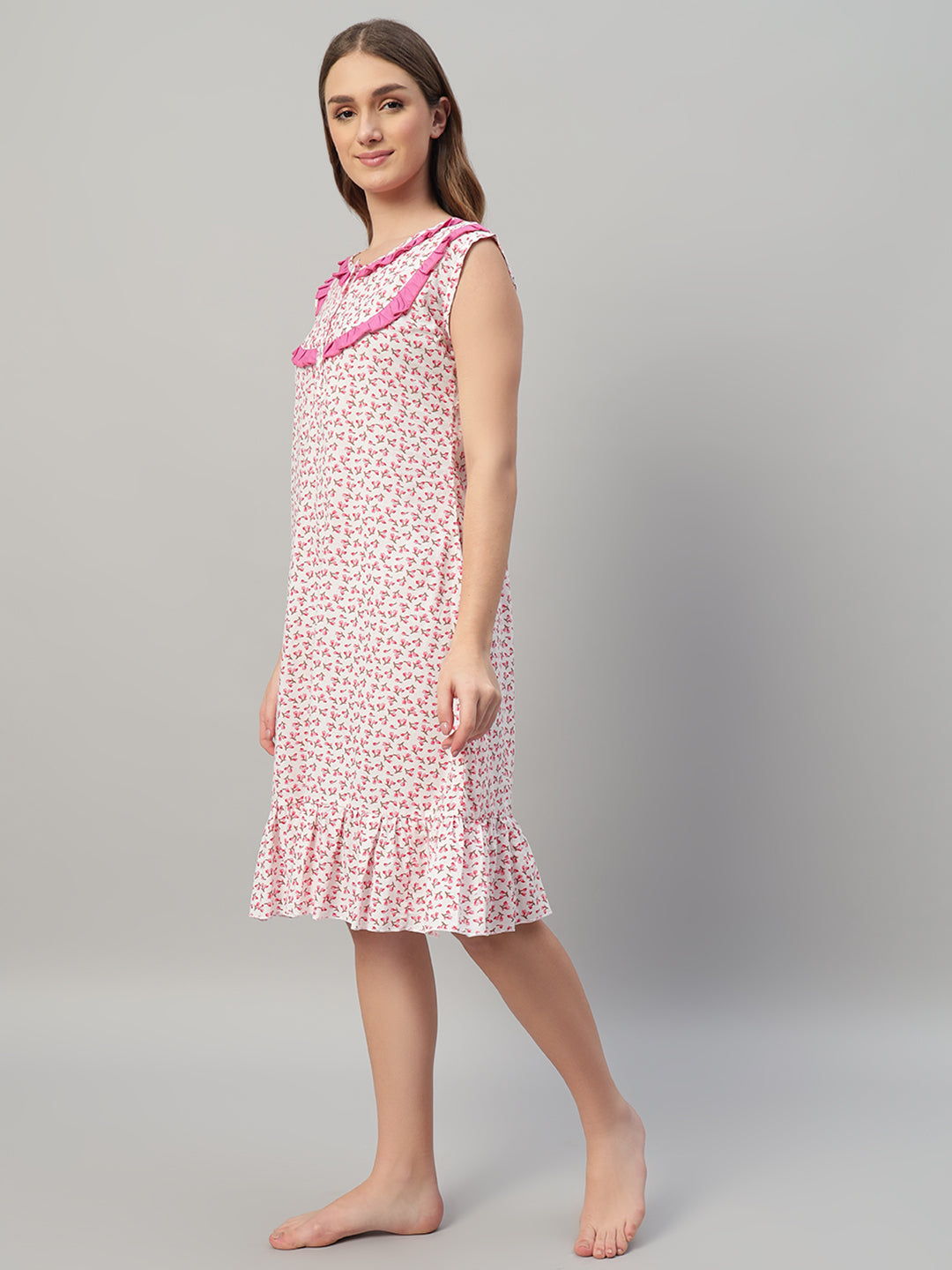 🌸 Pink Floral Printed Sleeveless Cotton Night Gown for Women – Comfortable Knee Length Nightwear