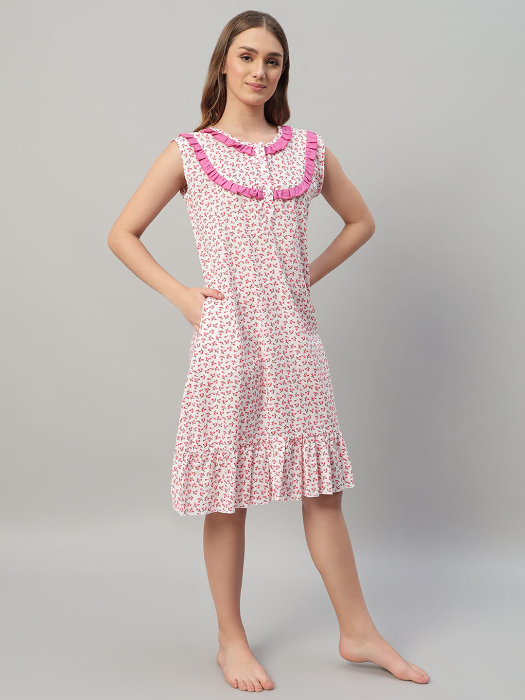 🌸 Pink Floral Printed Sleeveless Cotton Night Gown for Women – Comfortable Knee Length Nightwear