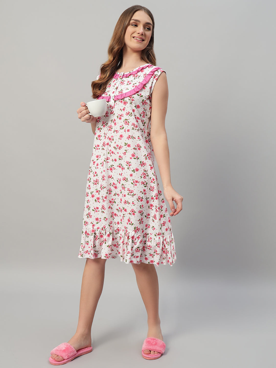🌸 Pink Floral Printed Sleeveless Cotton Night Gown for Women – Comfortable Knee Length Nightwear with Ruffle Detail