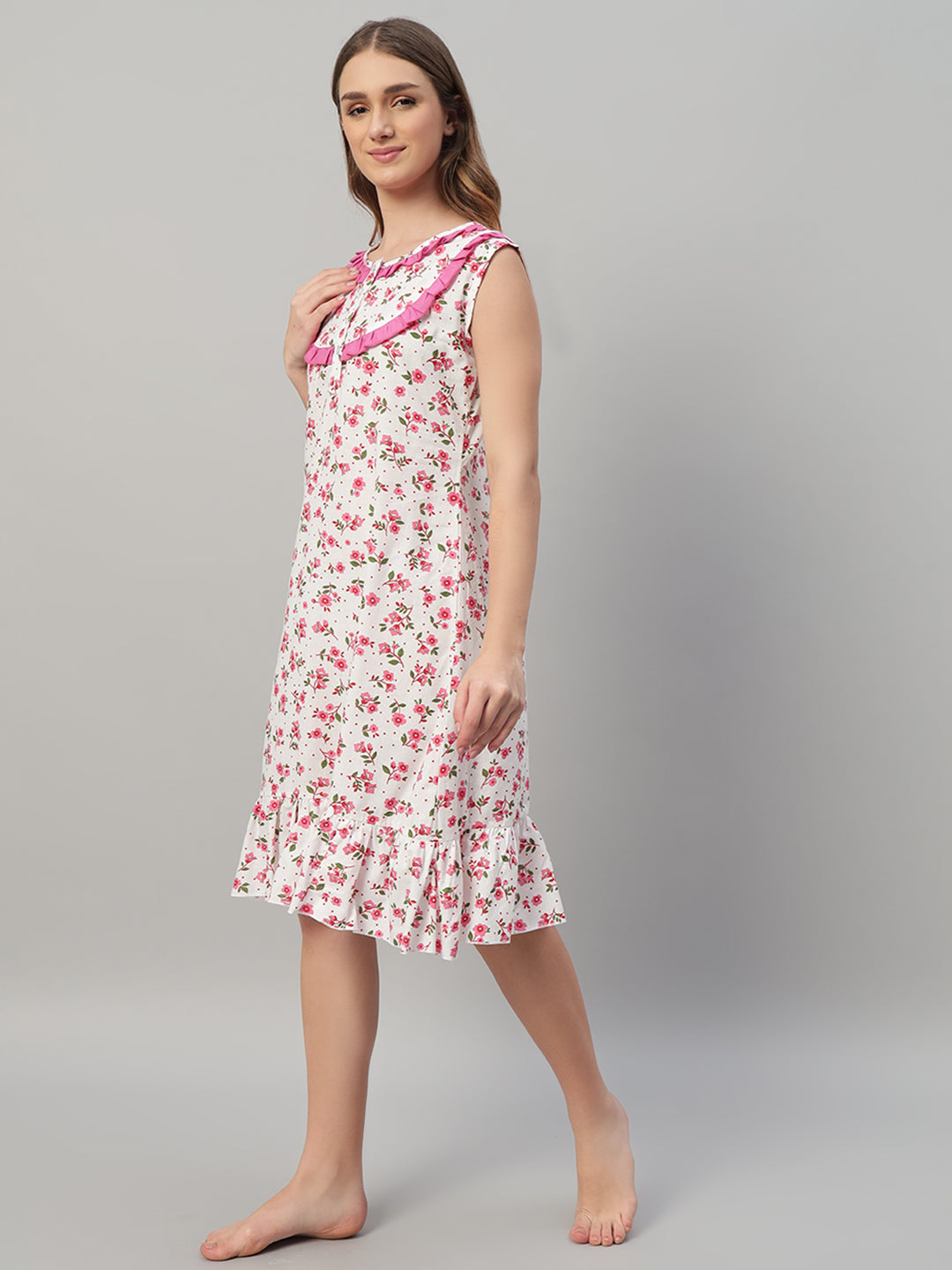 🌸 Pink Floral Printed Sleeveless Cotton Night Gown for Women – Comfortable Knee Length Nightwear with Ruffle Detail