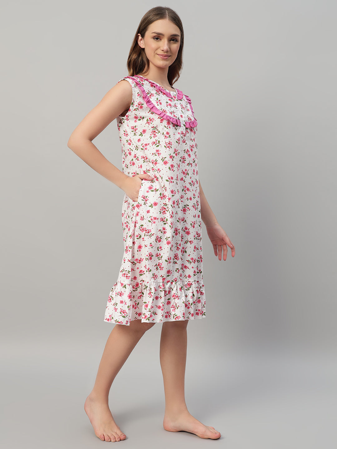🌸 Pink Floral Printed Sleeveless Cotton Night Gown for Women – Comfortable Knee Length Nightwear with Ruffle Detail