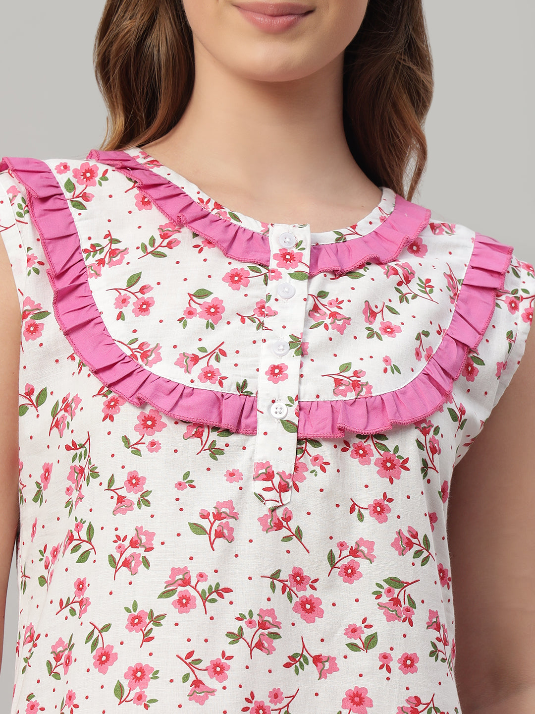 🌸 Pink Floral Printed Sleeveless Cotton Night Gown for Women – Comfortable Knee Length Nightwear with Ruffle Detail