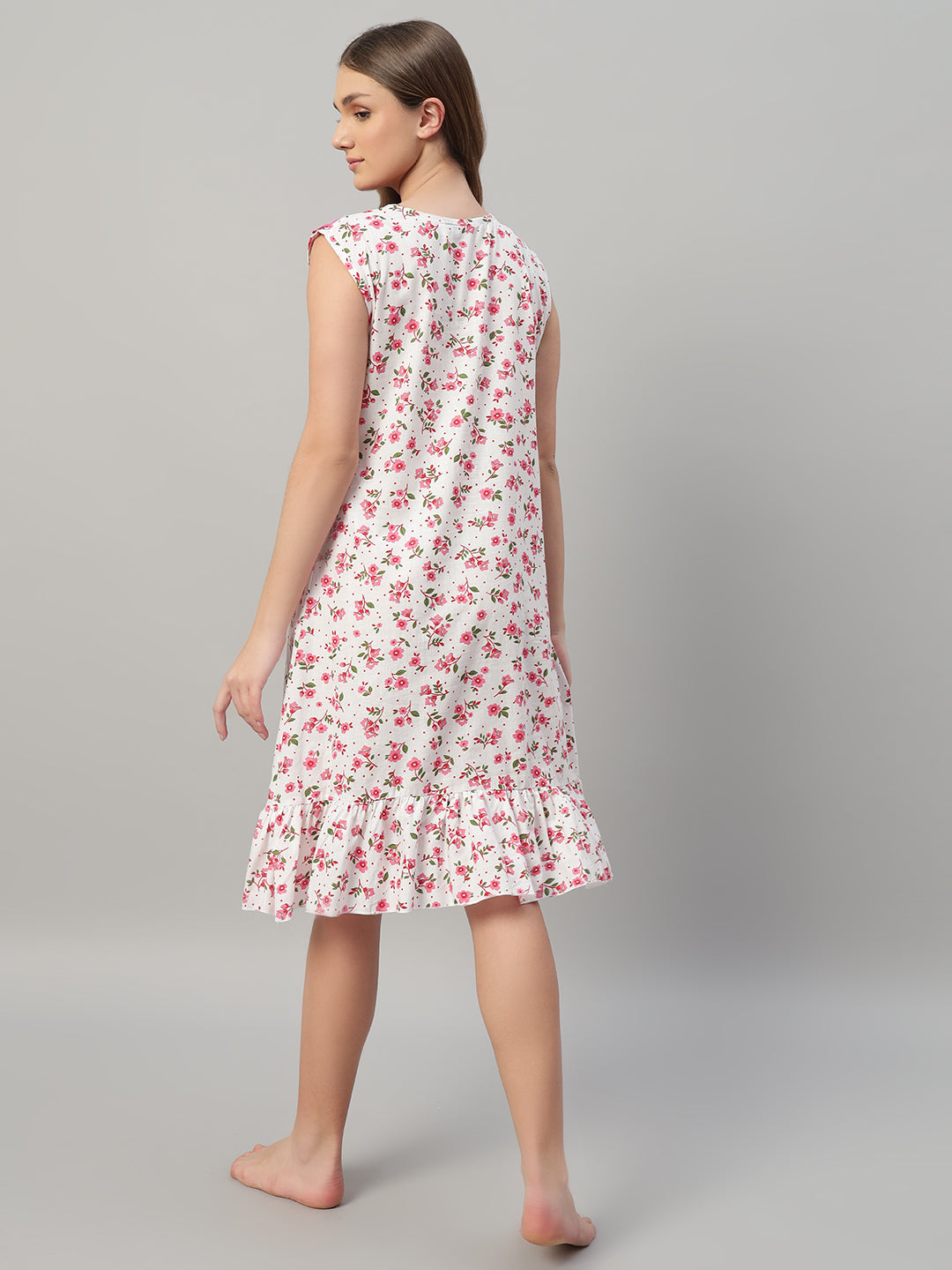 🌸 Pink Floral Printed Sleeveless Cotton Night Gown for Women – Comfortable Knee Length Nightwear with Ruffle Detail