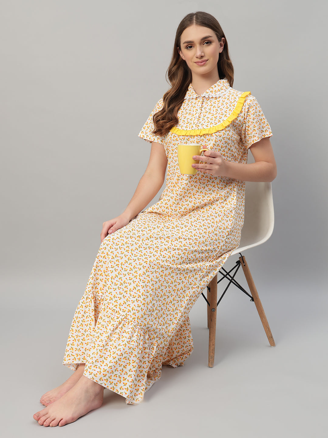 Floral Cotton Nightdress with Frill Yoke Collar – Soft & Comfortable Sleepwear