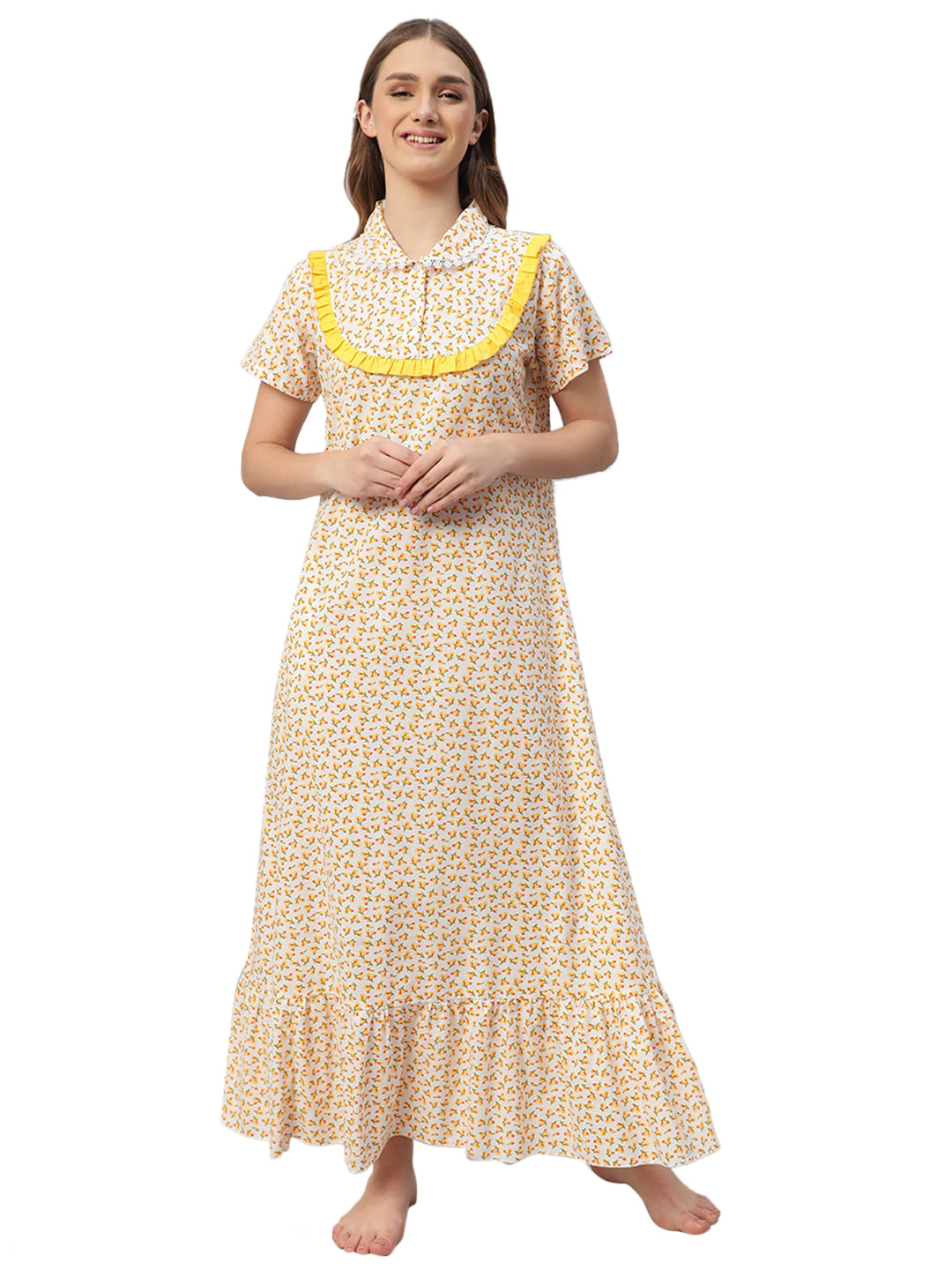 Floral Cotton Nightdress with Frill Yoke Collar – Soft & Comfortable Sleepwear
