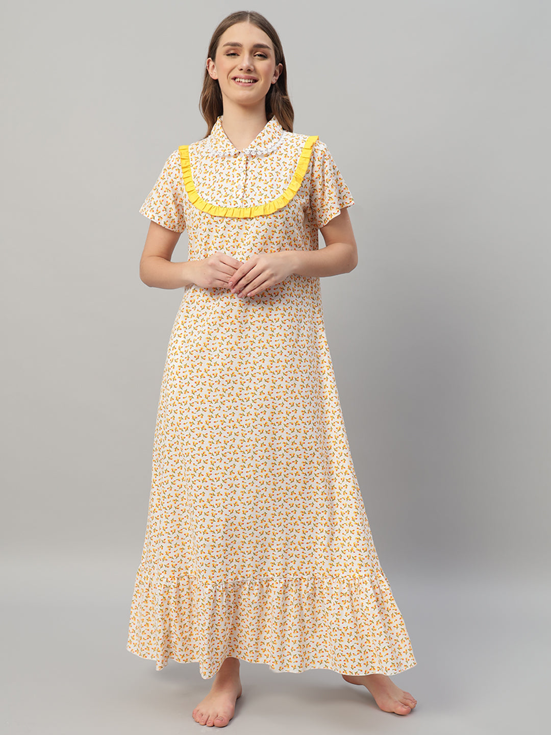 Floral Cotton Nightdress with Frill Yoke Collar – Soft & Comfortable Sleepwear