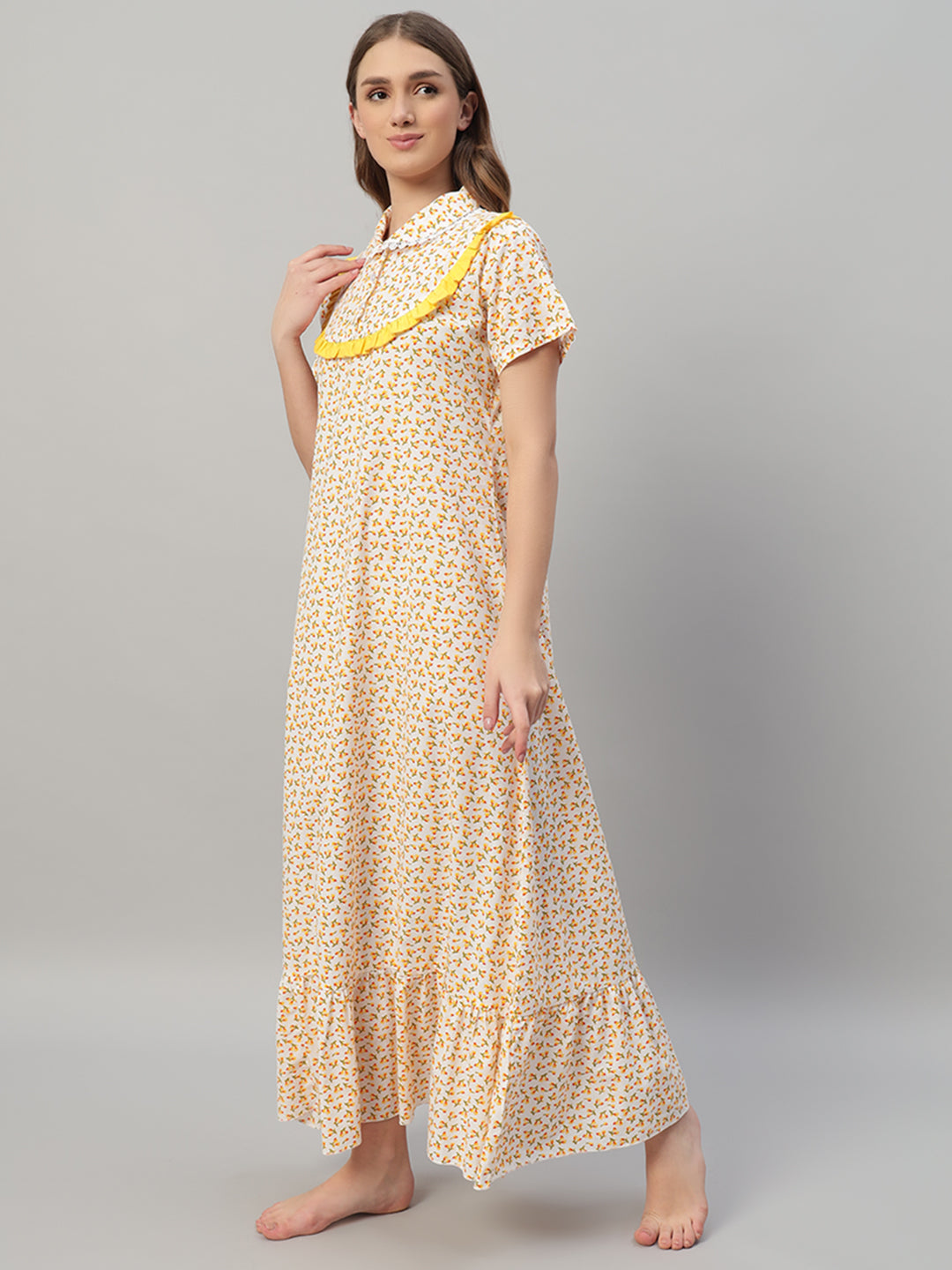 Floral Cotton Nightdress with Frill Yoke Collar – Soft & Comfortable Sleepwear