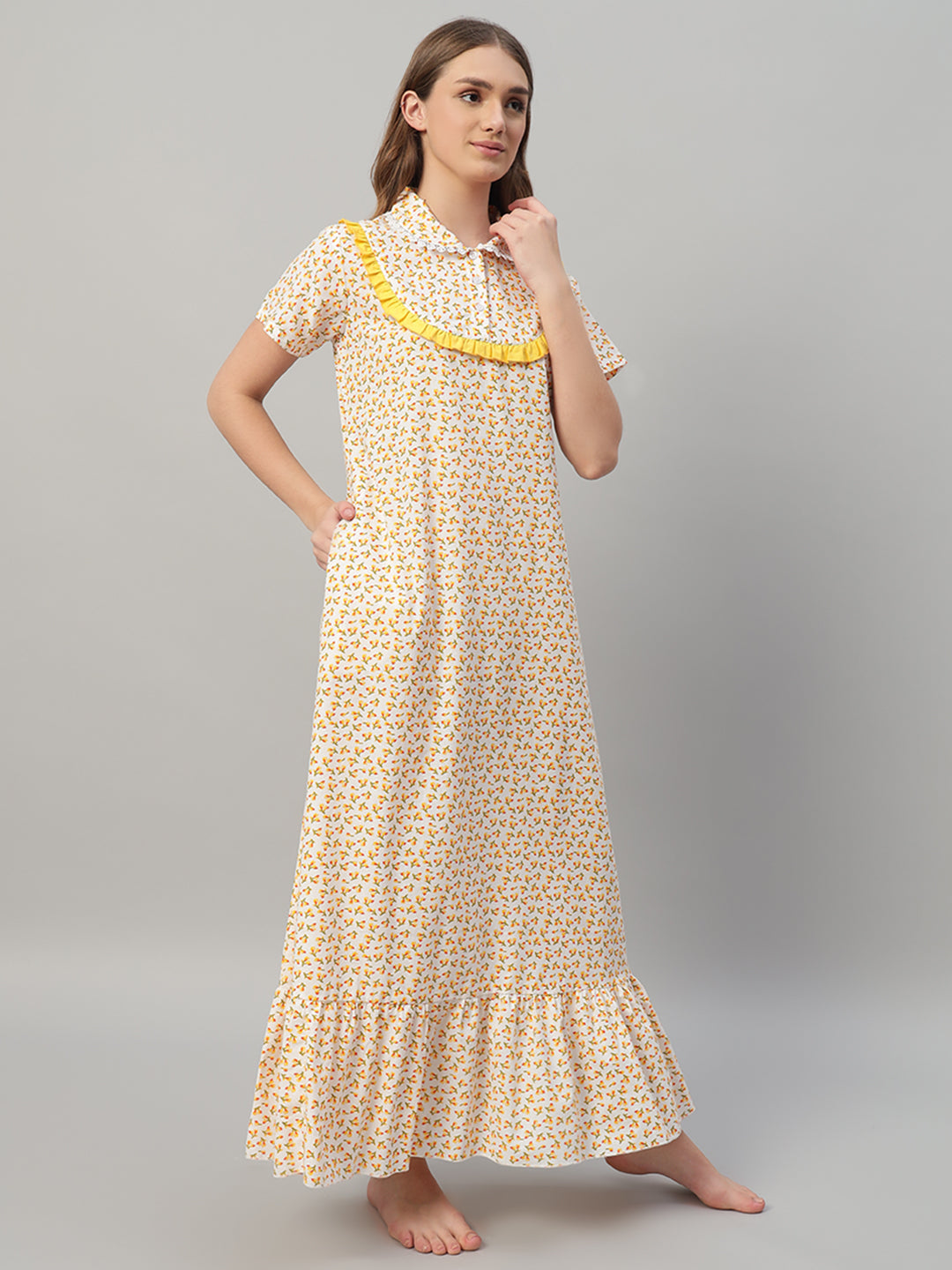 Floral Cotton Nightdress with Frill Yoke Collar – Soft & Comfortable Sleepwear