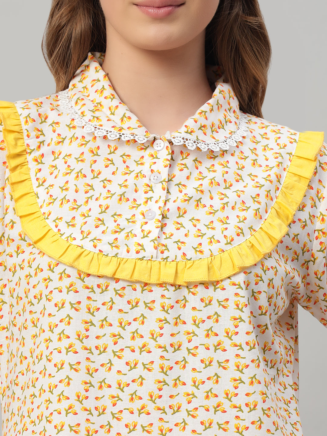 Floral Cotton Nightdress with Frill Yoke Collar – Soft & Comfortable Sleepwear