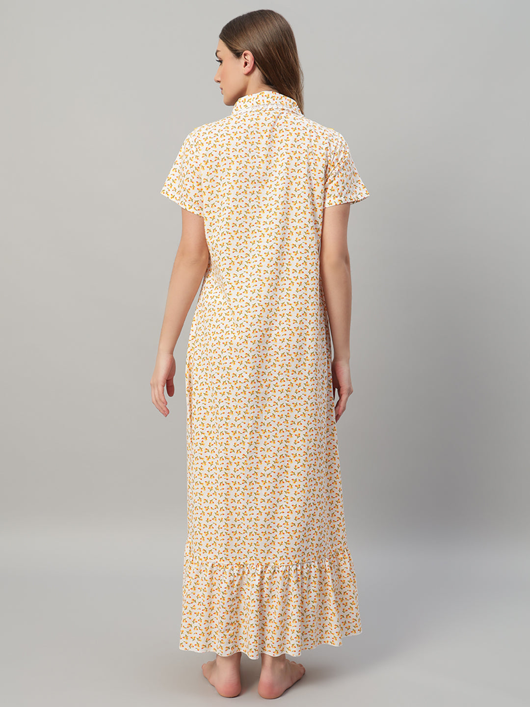 Floral Cotton Nightdress with Frill Yoke Collar – Soft & Comfortable Sleepwear
