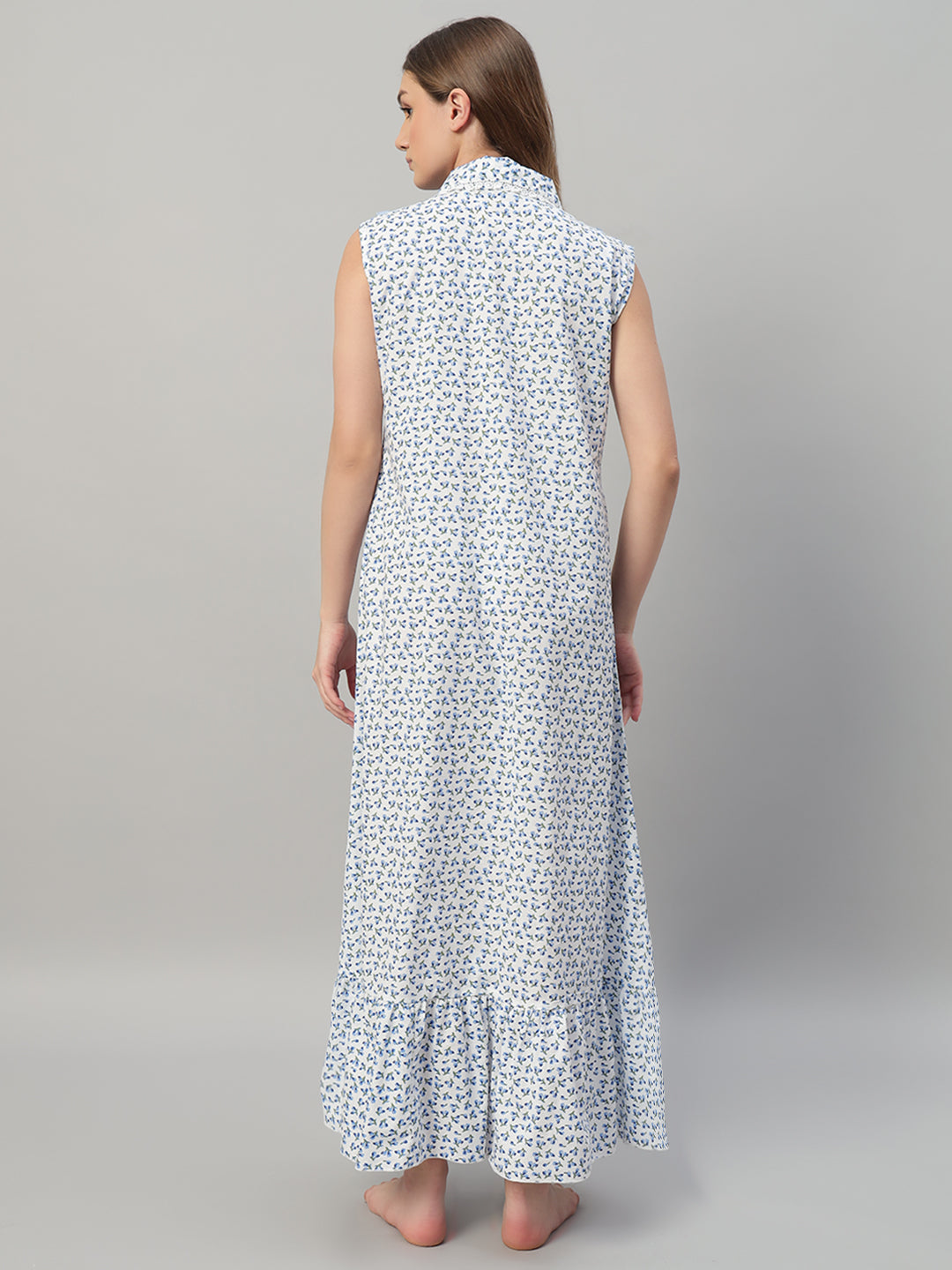 Blue Floral Printed Maxi Night Gown for Women