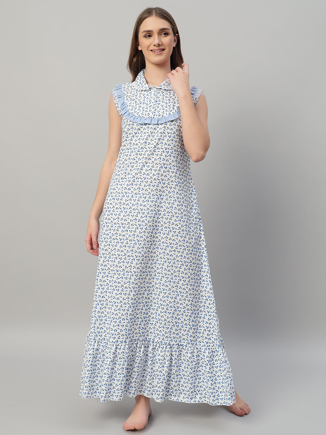 🌸 Blue Floral Printed Maxi Night Gown for Women – Sleeveless Ruffle Collar Comfortable Nightwear