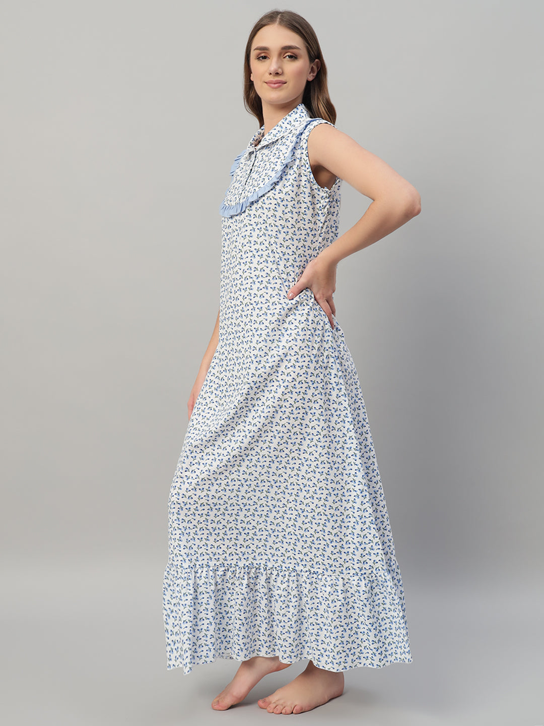Blue Floral Printed Maxi Night Gown for Women