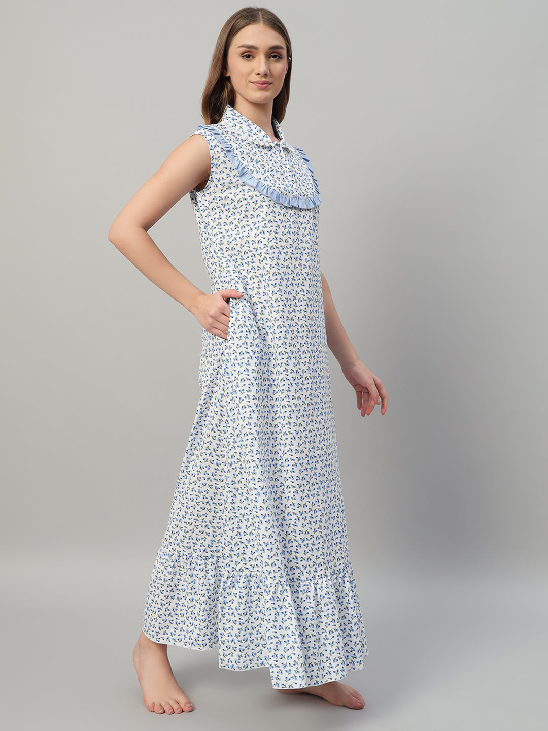 Blue Floral Printed Maxi Night Gown for Women