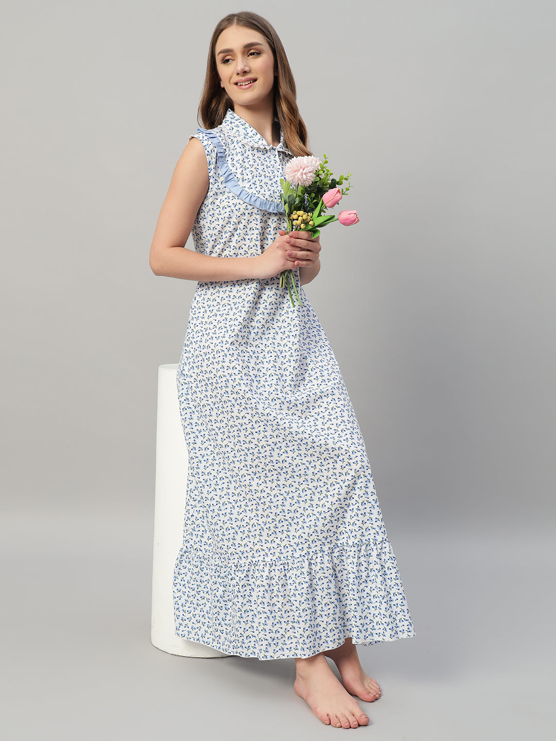 🌸 Women Floral Printed Cotton Nighty – Elegant Long Night Wear