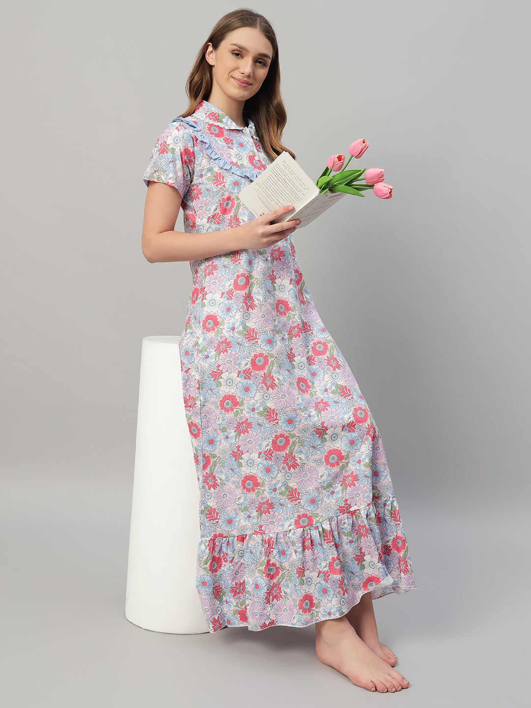 Elegant Multicolor Floral Cotton Nightdress with Frill Yoke – Soft & Breathable Sleepwear