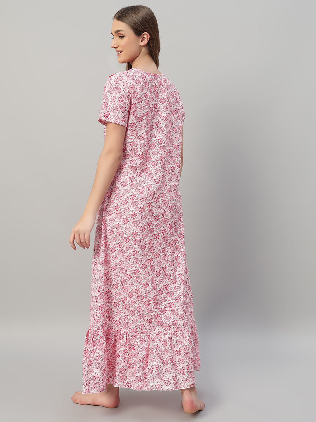 Pink Floral Printed With Frill Neck Cotton  Maxi Night Gown for Women
