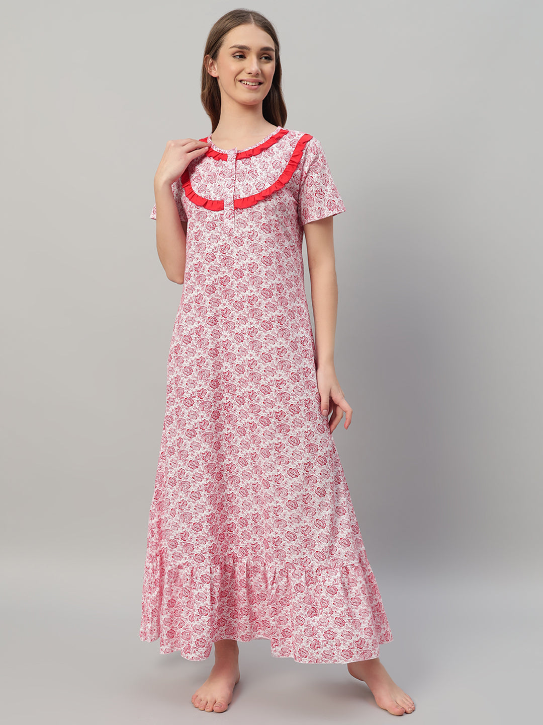 🌺 Pink Floral Printed Cotton Night Gown with Frill Neck – Comfortable Maxi Nightwear for Women