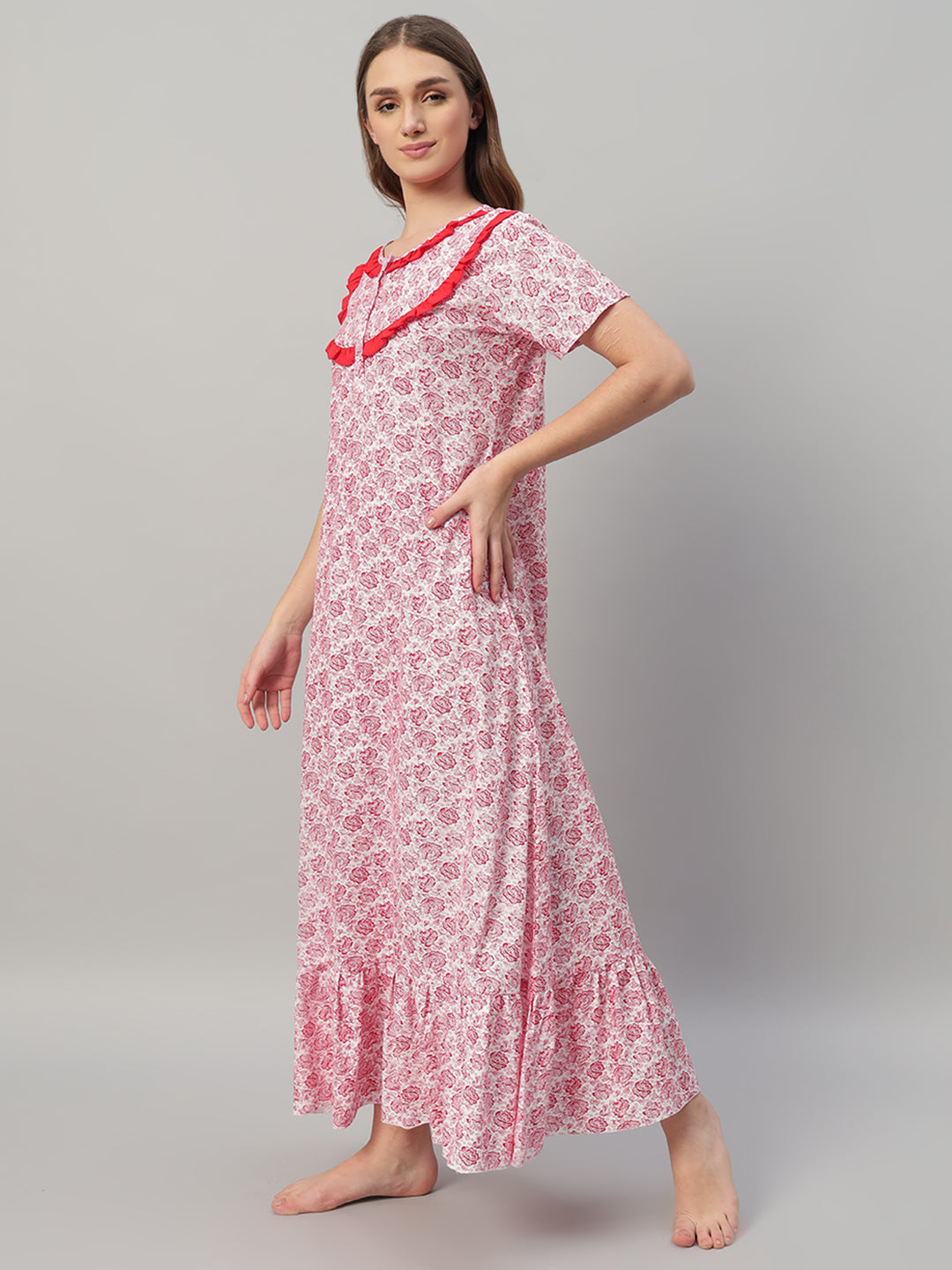Pink Floral Printed With Frill Neck Cotton  Maxi Night Gown for Women