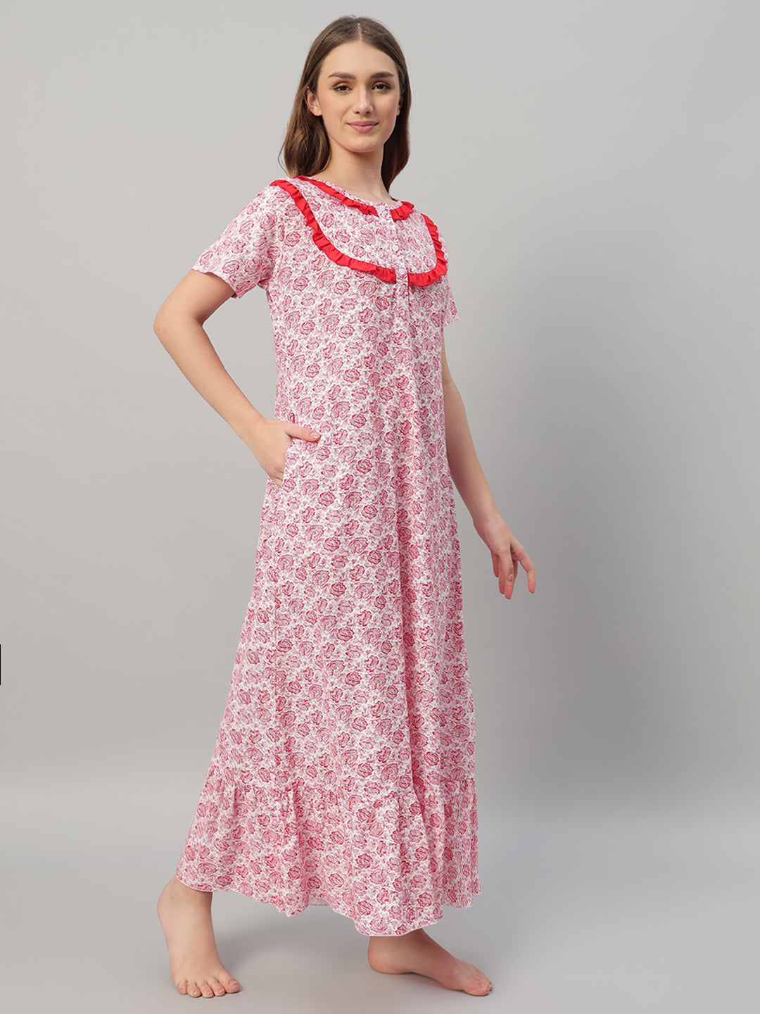 Pink Floral Printed With Frill Neck Cotton  Maxi Night Gown for Women