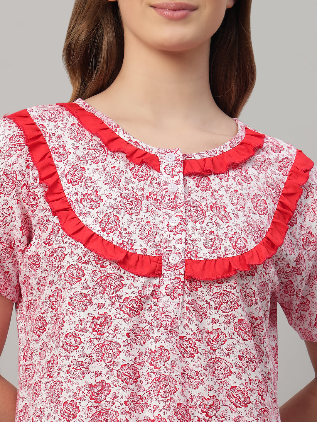 Pink Floral Printed With Frill Neck Cotton  Maxi Night Gown for Women