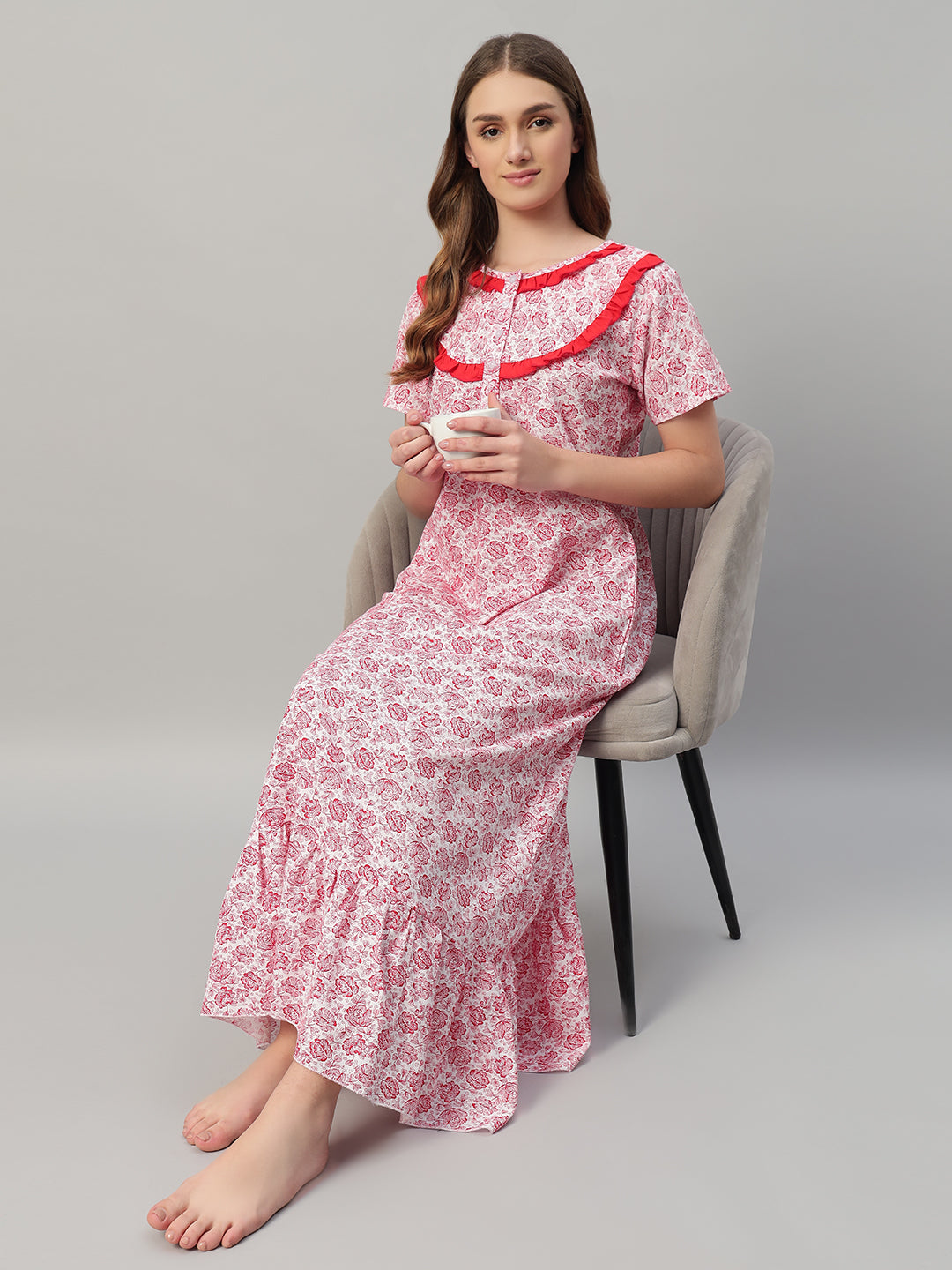 🌺 Pink Floral Printed Cotton Night Gown with Frill Neck – Comfortable Maxi Nightwear for Women