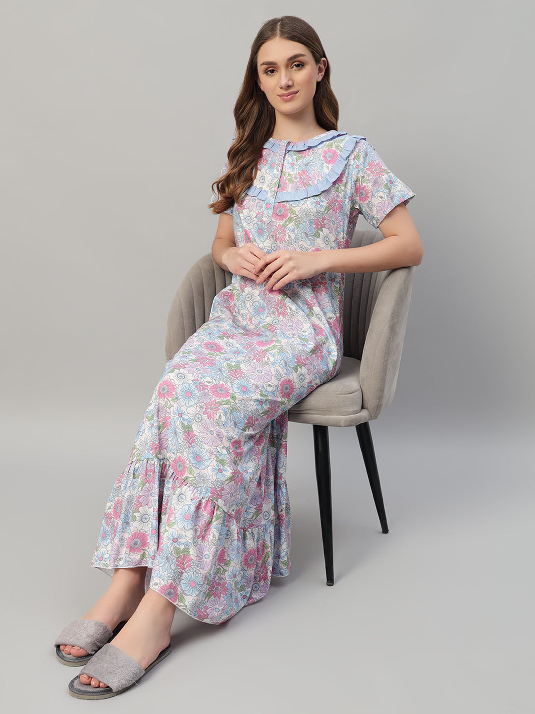 🌸 Pastel Floral Printed Cotton Night Gown with Frill Neck – Elegant Maxi Nightwear for Women