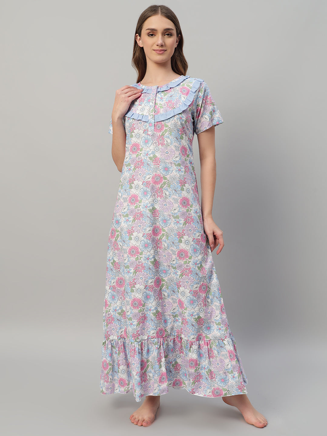 🌸 Pastel Floral Printed Cotton Night Gown with Frill Neck – Elegant Maxi Nightwear for Women